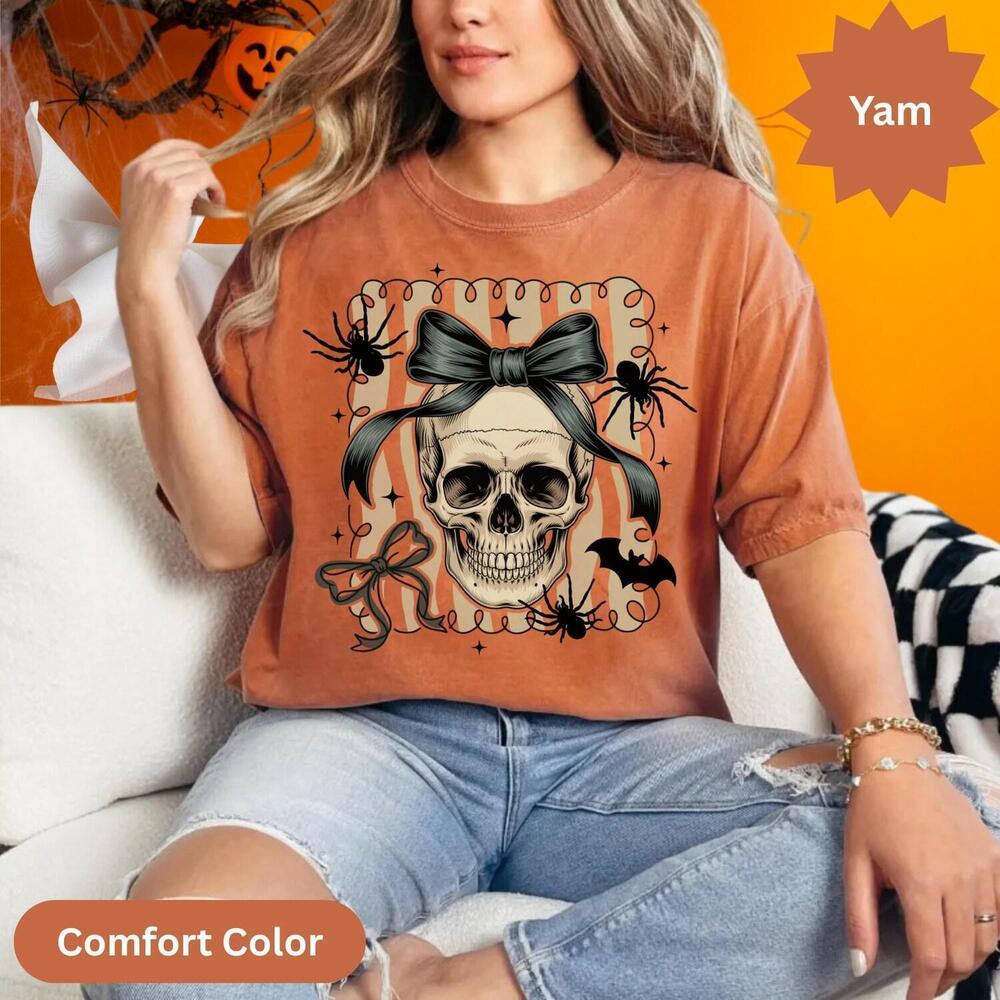 Halloween T-Shirts Skull With Bow T-Shirts, Gothic Spider And Bat Tees